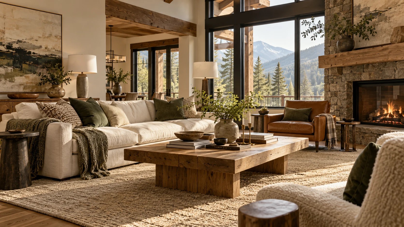 Detail of the AI-generated room inspiration’s wood table, leather seating and textured rug